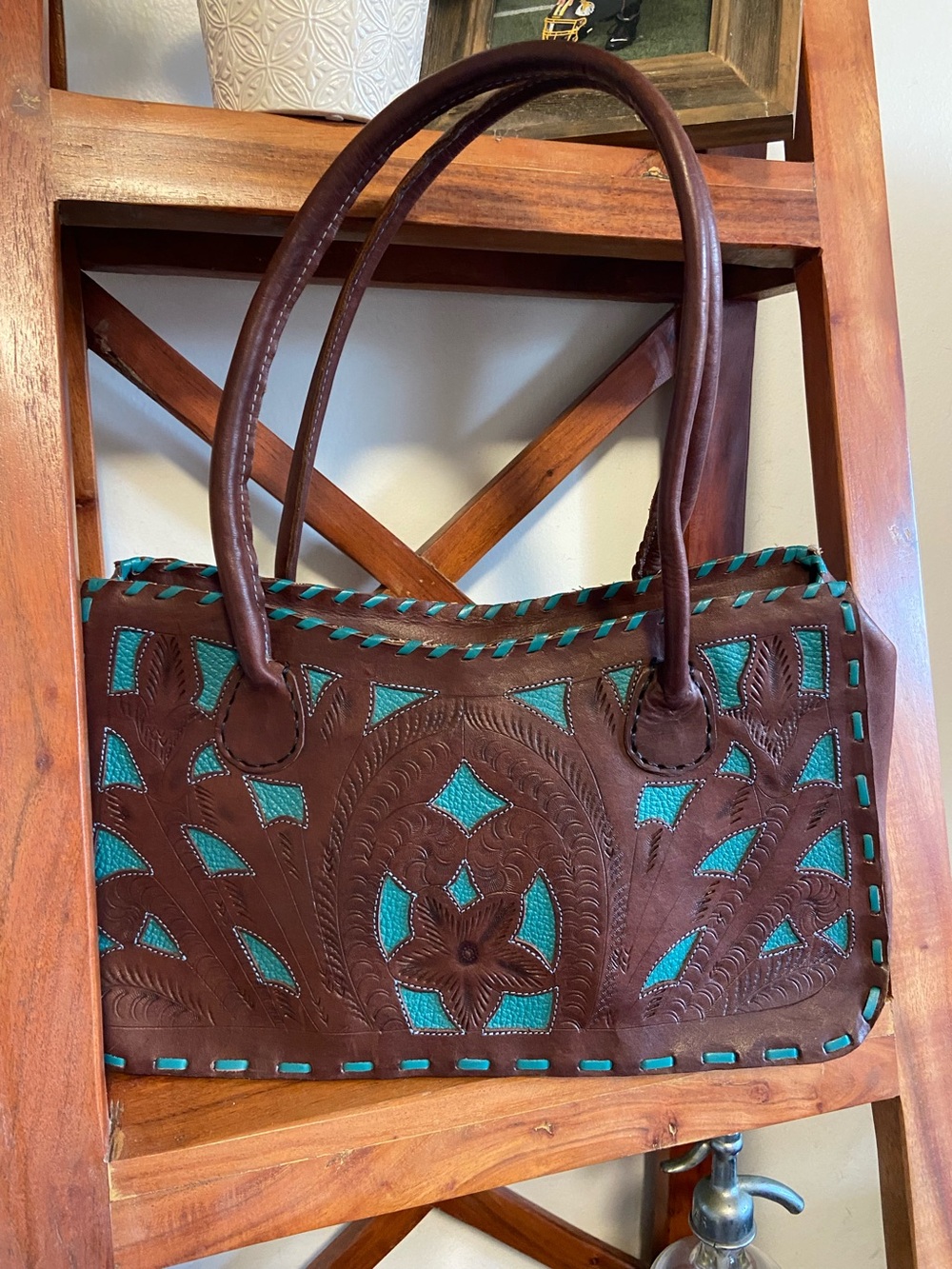 Leaders in Leather Paraguay Handbag Hand Tooled Cutout Satchel Brown Teal EUC